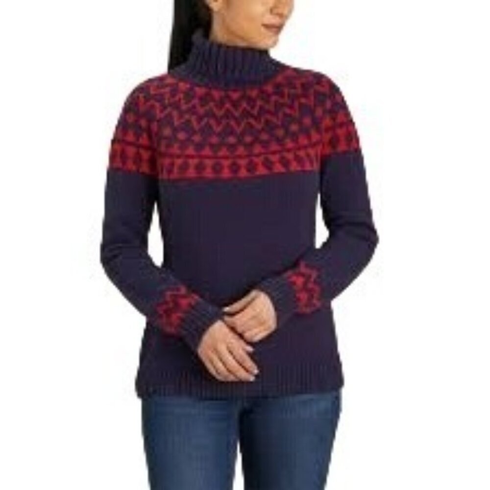 Duluth Trading Blend Knit Fair Isle Turtleneck Sweater Blue Red Boho Chunky SM